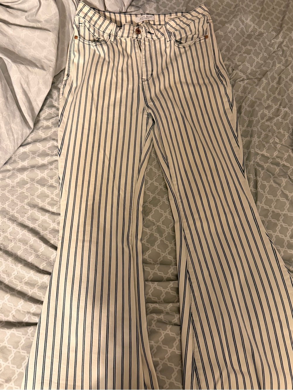 Judy Blue Cream Wide-Leg Chinos with Navy Vertical Stripes